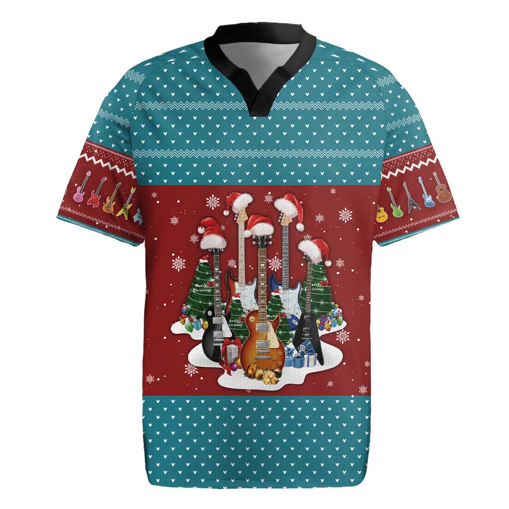 Christmas Guitar Rugby Jersey with Santa Hats Trees Snowflakes and Musical Pattern - Wonder Print Shop