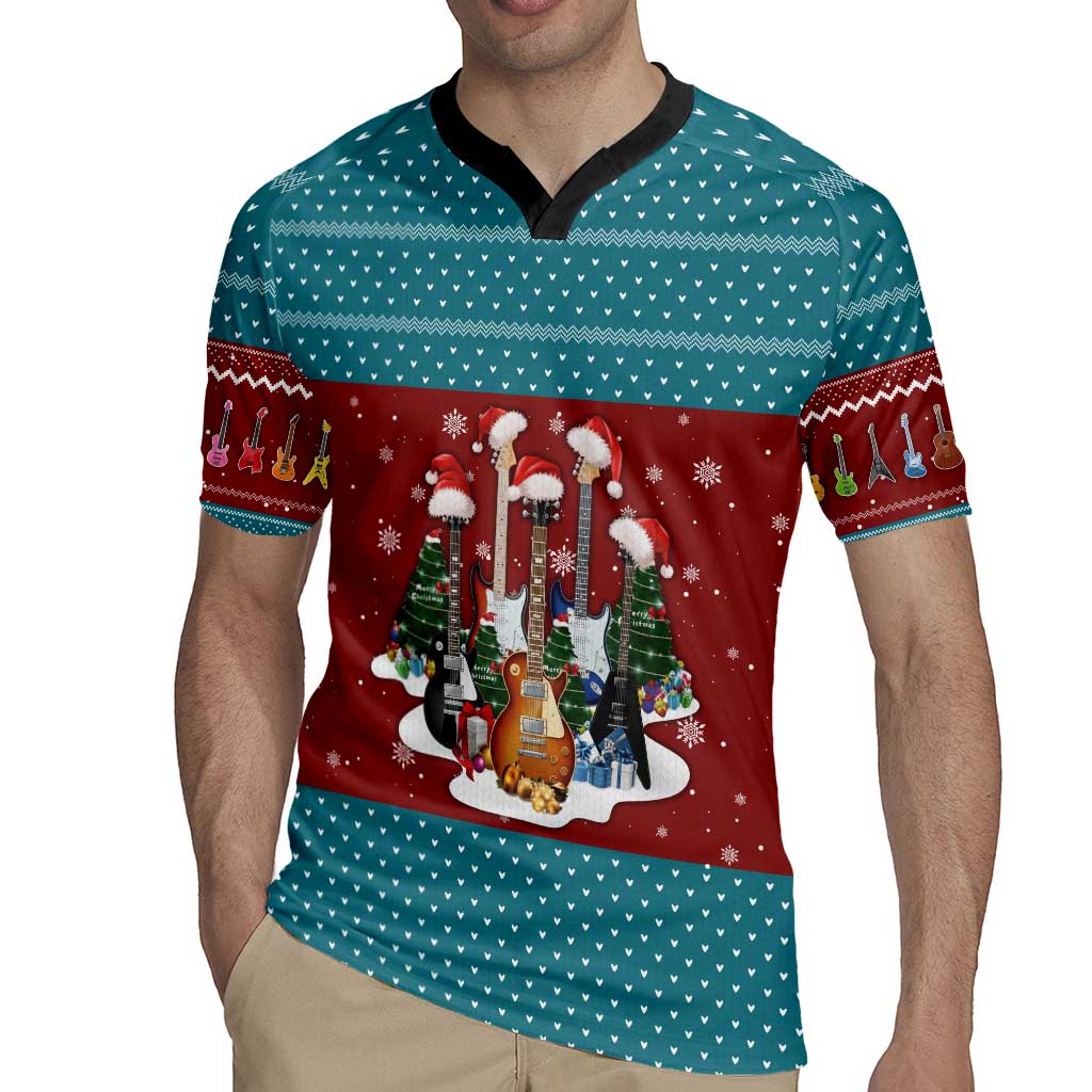 Christmas Guitar Rugby Jersey with Santa Hats Trees Snowflakes and Musical Pattern - Wonder Print Shop