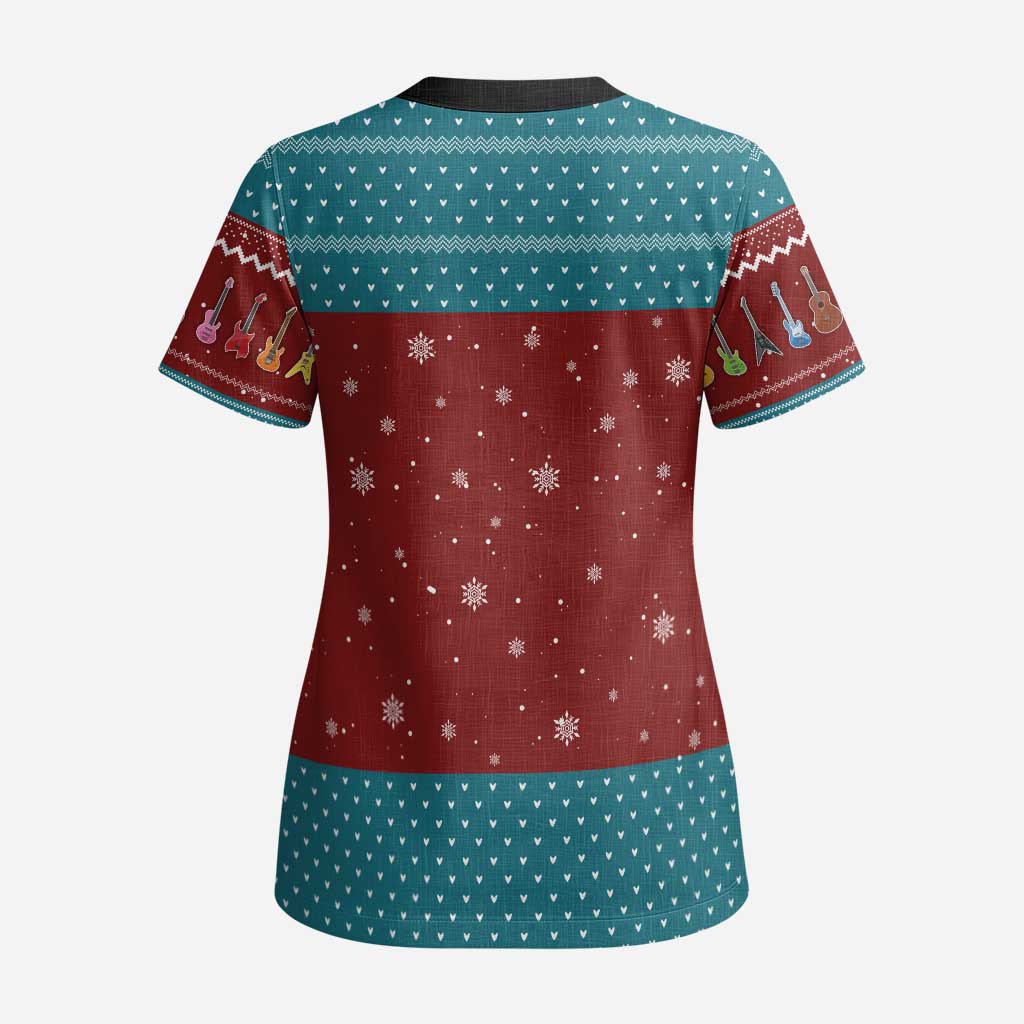 Christmas Guitar Scrub Top with Santa Hats Trees Snowflakes and Musical Pattern - Wonder Print Shop