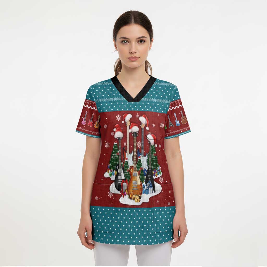 Christmas Guitar Scrub Top with Santa Hats Trees Snowflakes and Musical Pattern - Wonder Print Shop