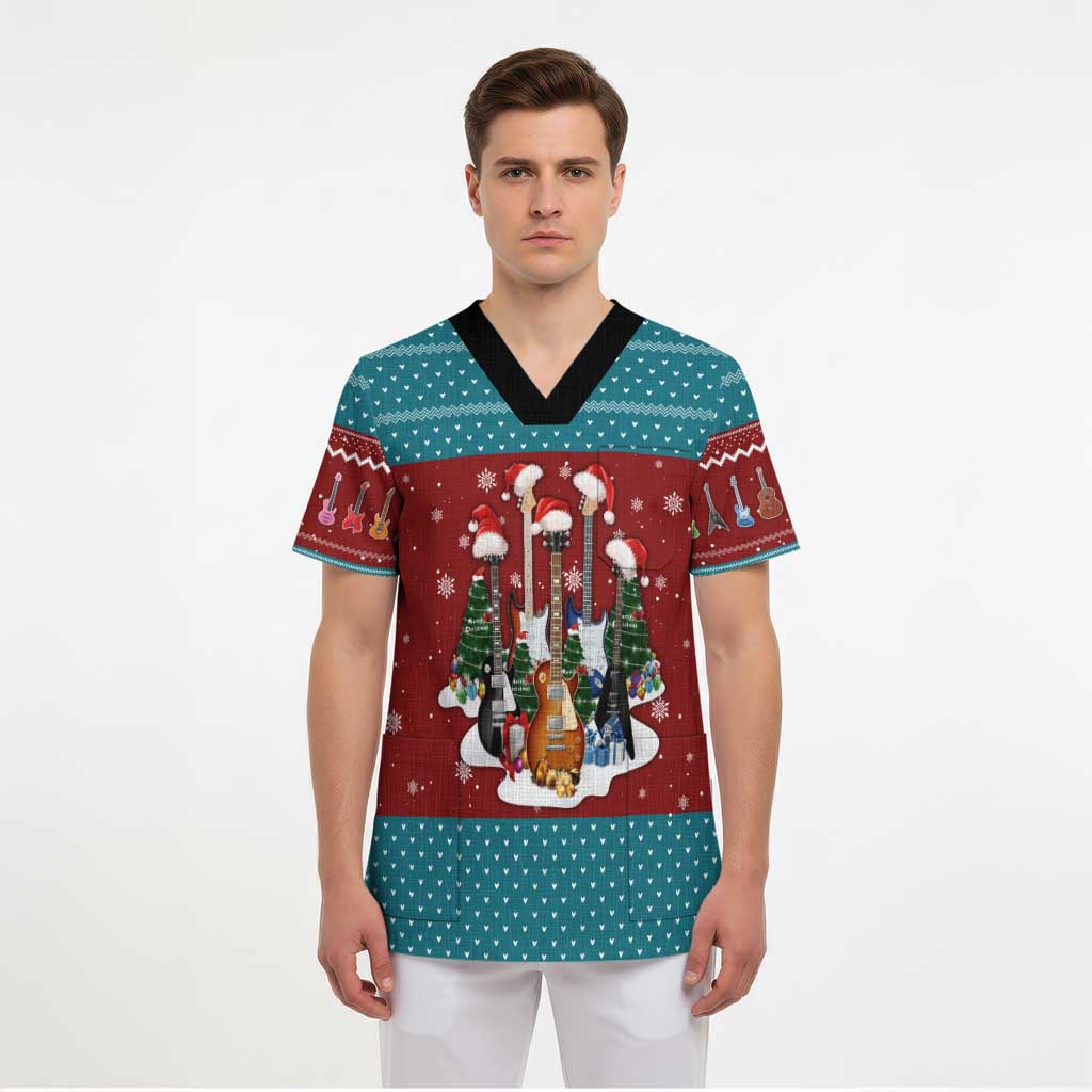Christmas Guitar Scrub Top with Santa Hats Trees Snowflakes and Musical Pattern - Wonder Print Shop