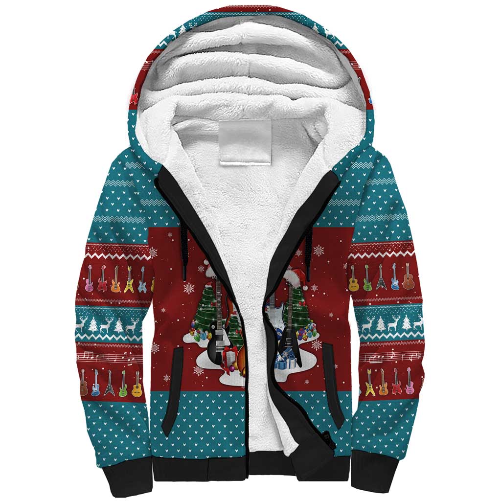 Christmas Guitar Sherpa Hoodie with Santa Hats Trees Snowflakes and Musical Pattern - Wonder Print Shop