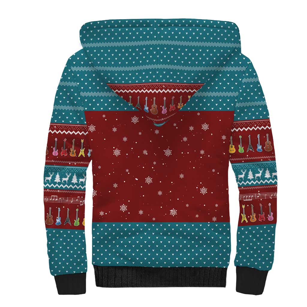 Christmas Guitar Sherpa Hoodie with Santa Hats Trees Snowflakes and Musical Pattern - Wonder Print Shop