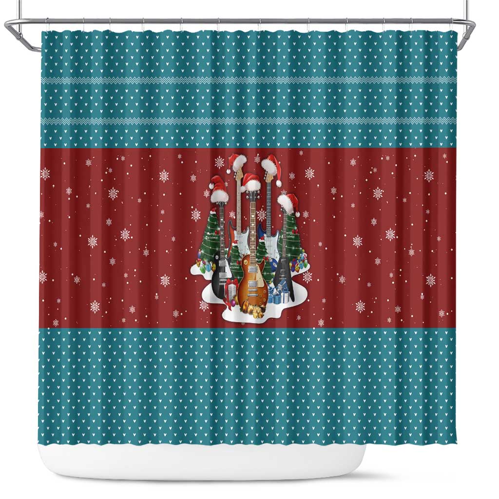 Christmas Guitar Shower Curtain with Santa Hats Trees Snowflakes and Musical Pattern - Wonder Print Shop