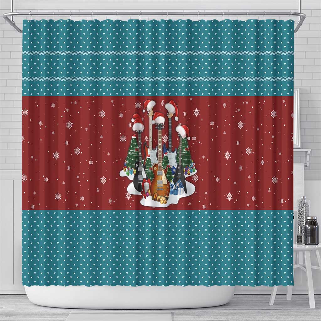Christmas Guitar Shower Curtain with Santa Hats Trees Snowflakes and Musical Pattern - Wonder Print Shop