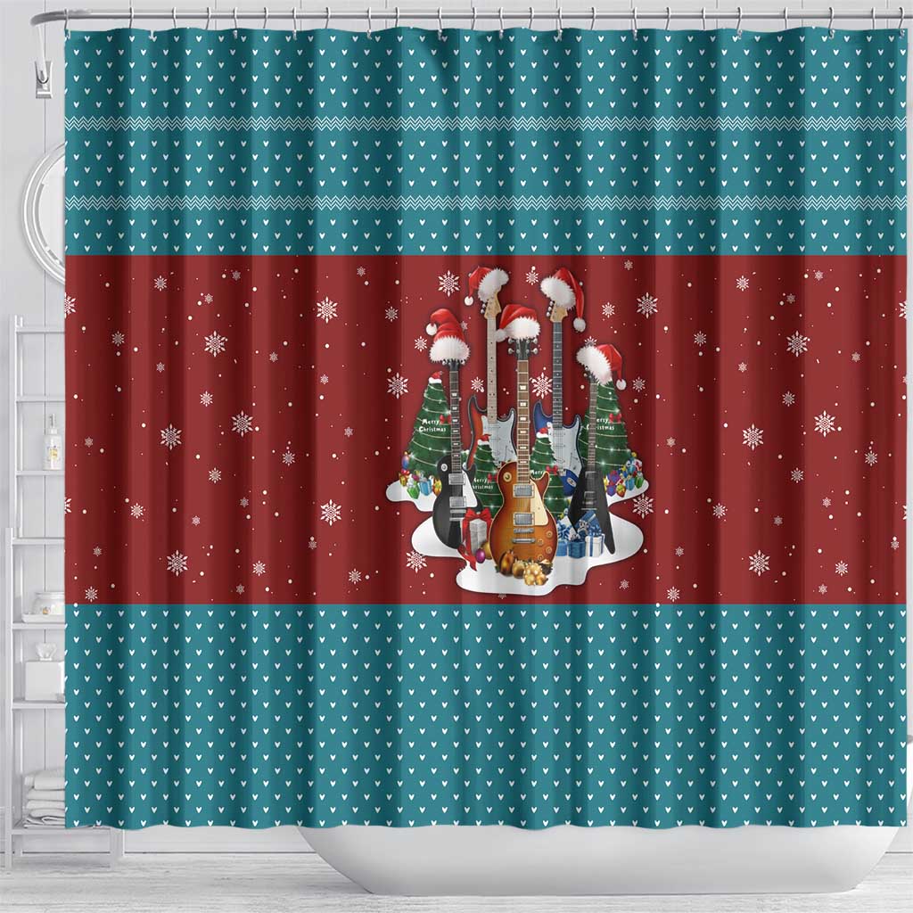 Christmas Guitar Shower Curtain with Santa Hats Trees Snowflakes and Musical Pattern - Wonder Print Shop