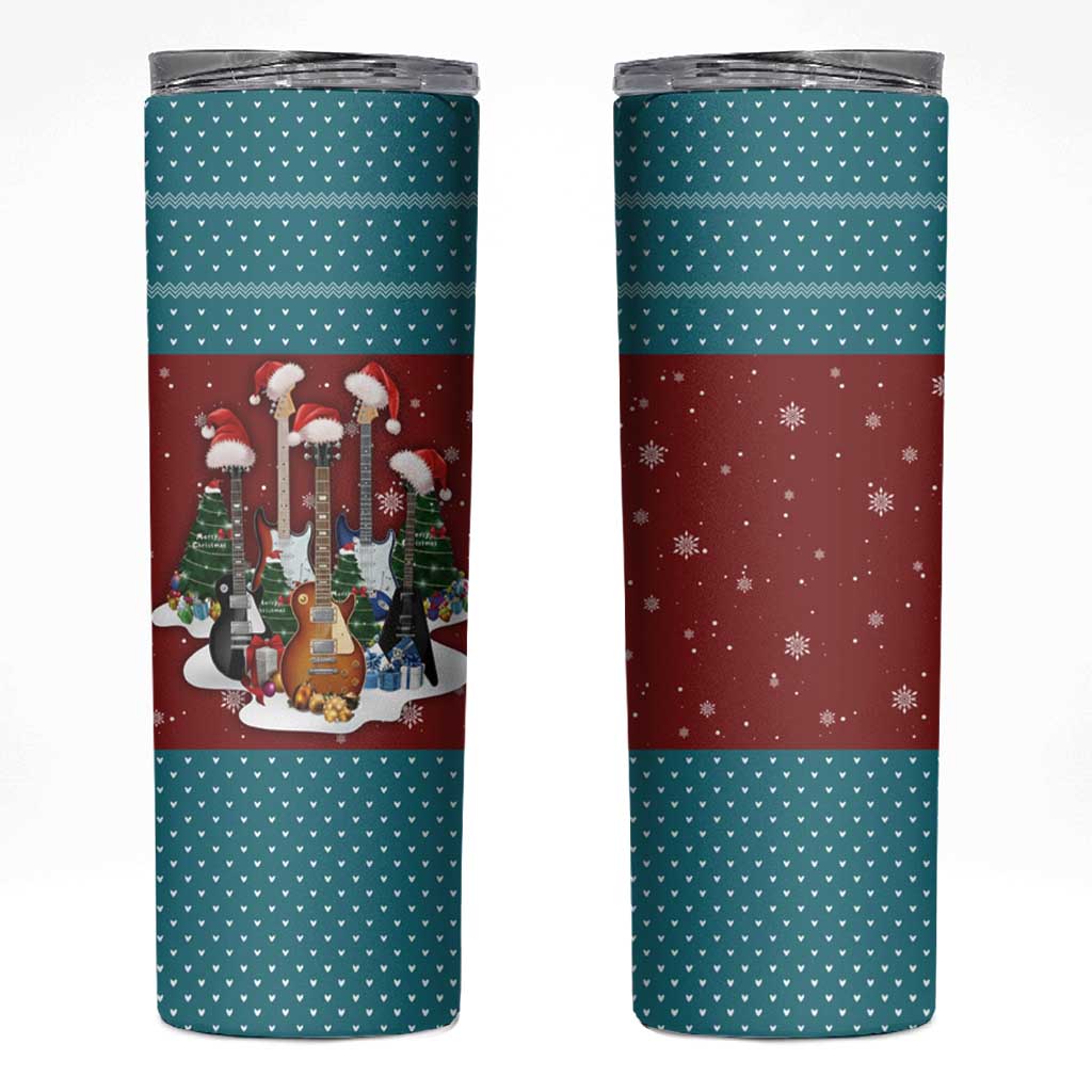 Christmas Guitar Skinny Tumbler with Santa Hats Trees Snowflakes and Musical Pattern - Wonder Print Shop