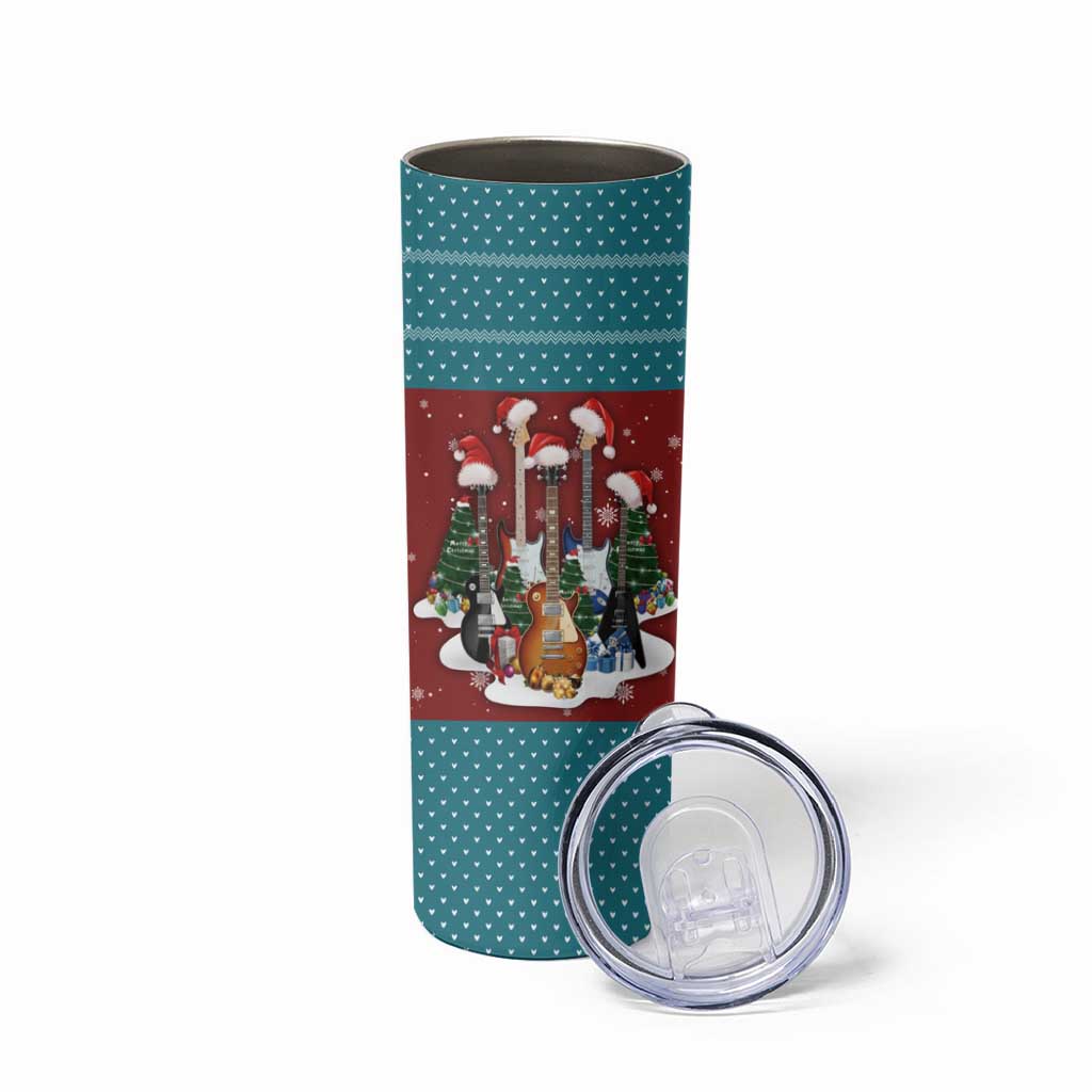 Christmas Guitar Skinny Tumbler with Santa Hats Trees Snowflakes and Musical Pattern - Wonder Print Shop