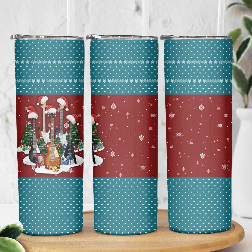 Christmas Guitar Skinny Tumbler with Santa Hats Trees Snowflakes and Musical Pattern - Wonder Print Shop