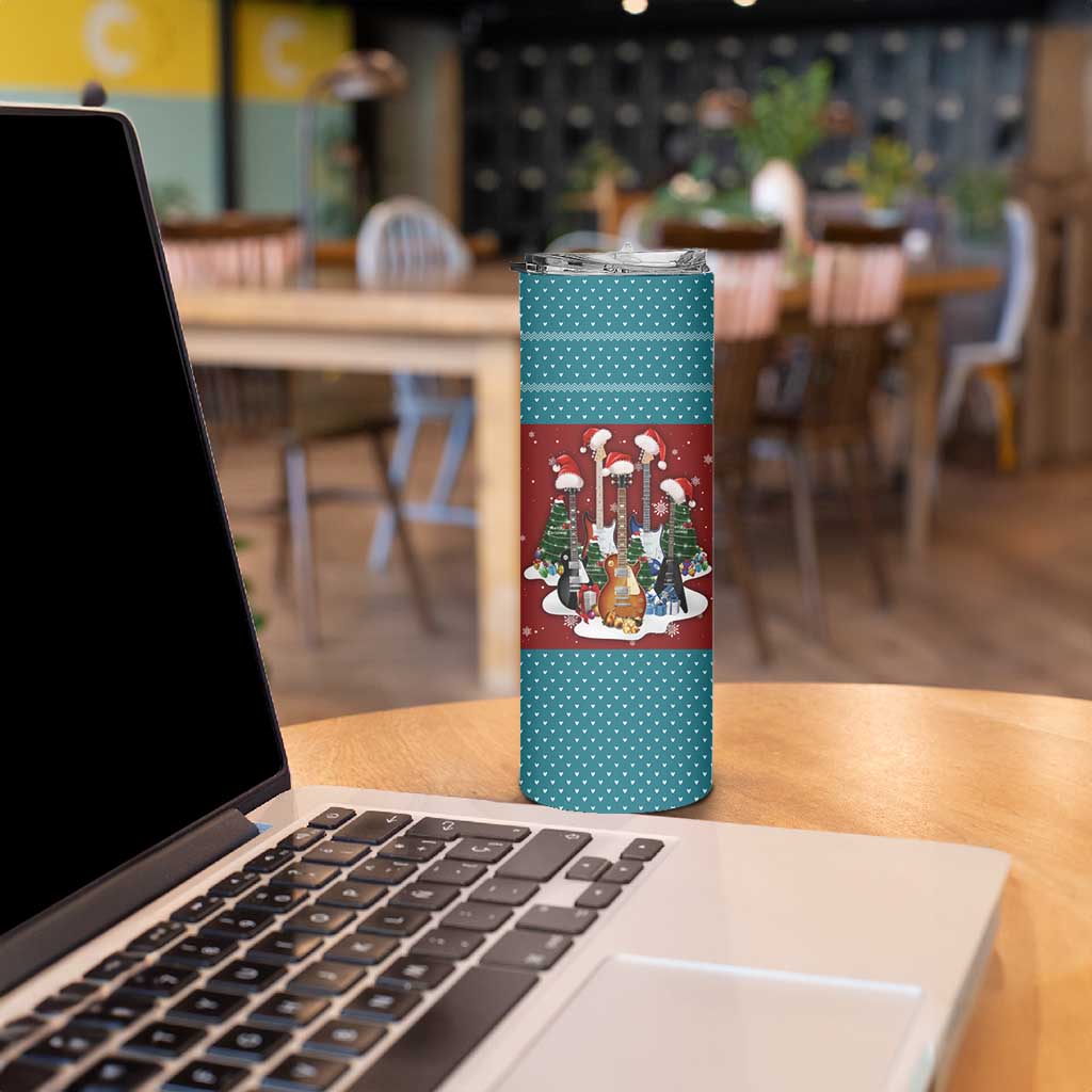 Christmas Guitar Skinny Tumbler with Santa Hats Trees Snowflakes and Musical Pattern - Wonder Print Shop