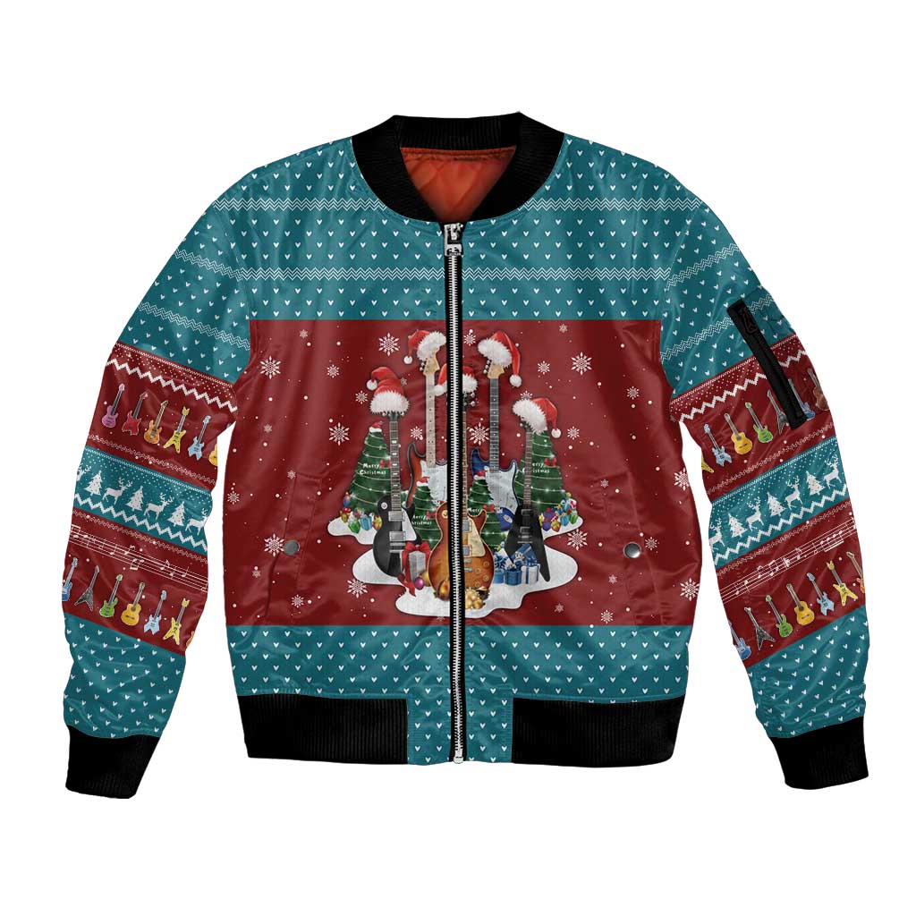 Christmas Guitar Sleeve Zip Bomber Jacket with Santa Hats Trees Snowflakes and Musical Pattern - Wonder Print Shop