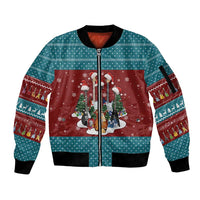 Christmas Guitar Sleeve Zip Bomber Jacket with Santa Hats Trees Snowflakes and Musical Pattern - Wonder Print Shop