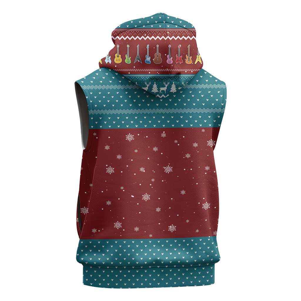 Christmas Guitar Sleeveless Hoodie with Santa Hats Trees Snowflakes and Musical Pattern - Wonder Print Shop