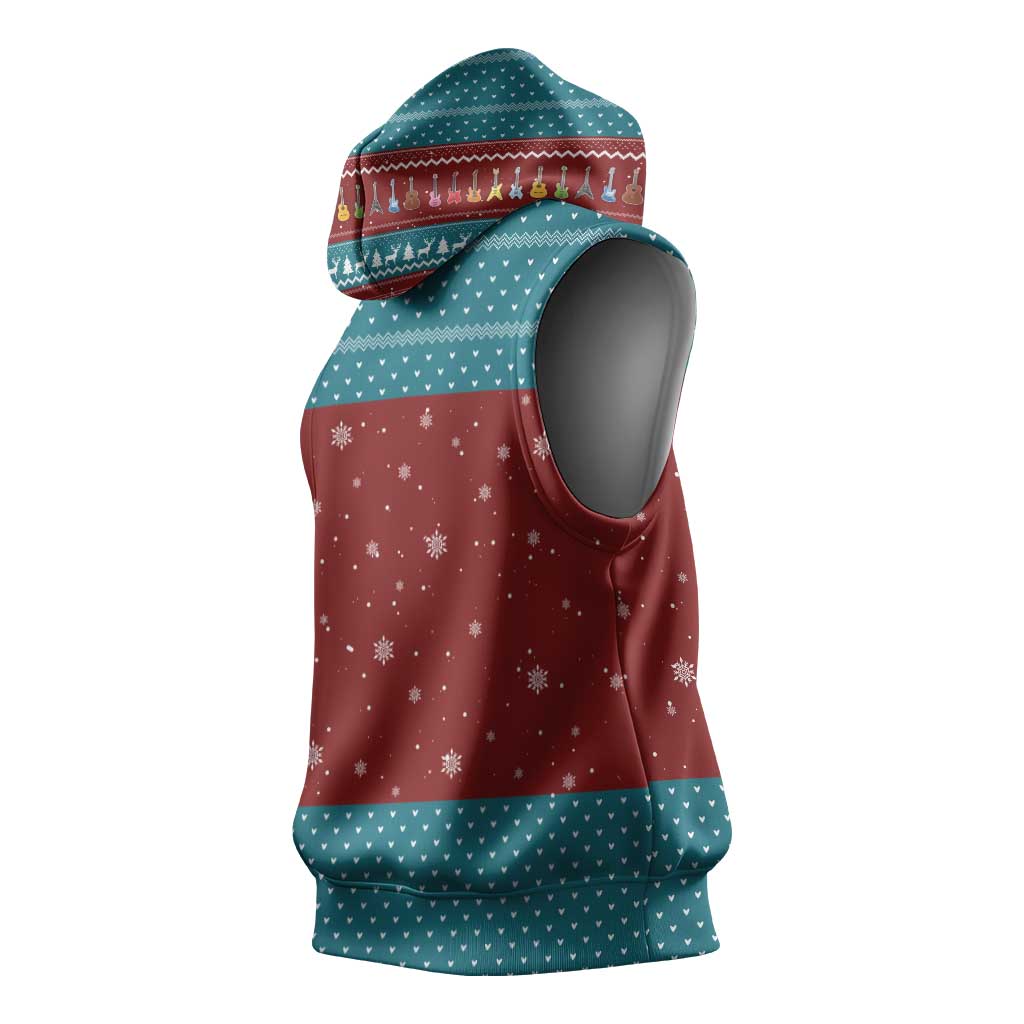 Christmas Guitar Sleeveless Hoodie with Santa Hats Trees Snowflakes and Musical Pattern - Wonder Print Shop