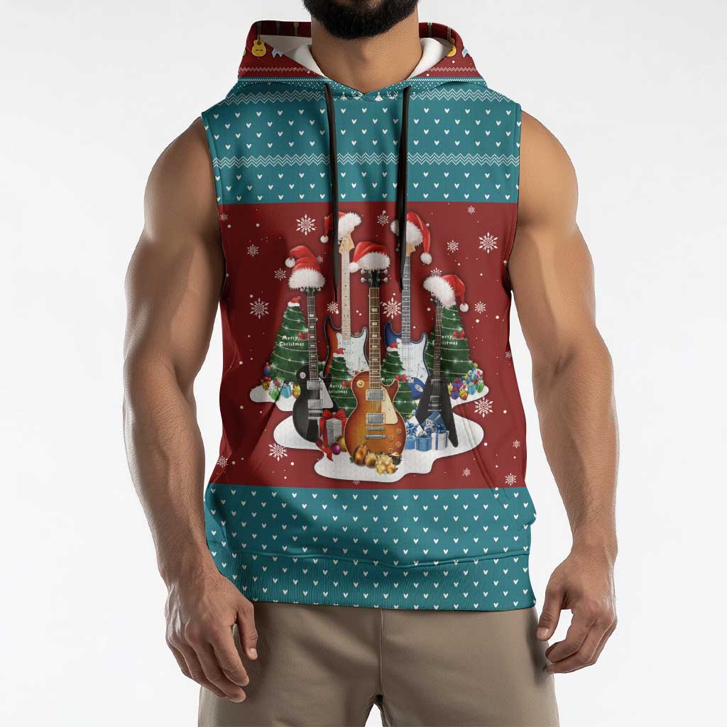 Christmas Guitar Sleeveless Hoodie with Santa Hats Trees Snowflakes and Musical Pattern - Wonder Print Shop