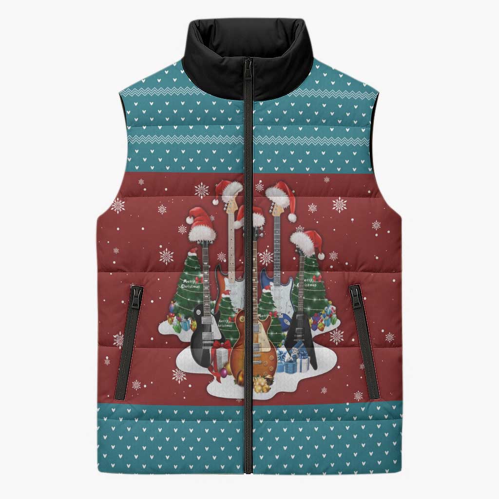 Christmas Guitar Sleeveless Puffer Jacket with Santa Hats Trees Snowflakes and Musical Pattern - Wonder Print Shop