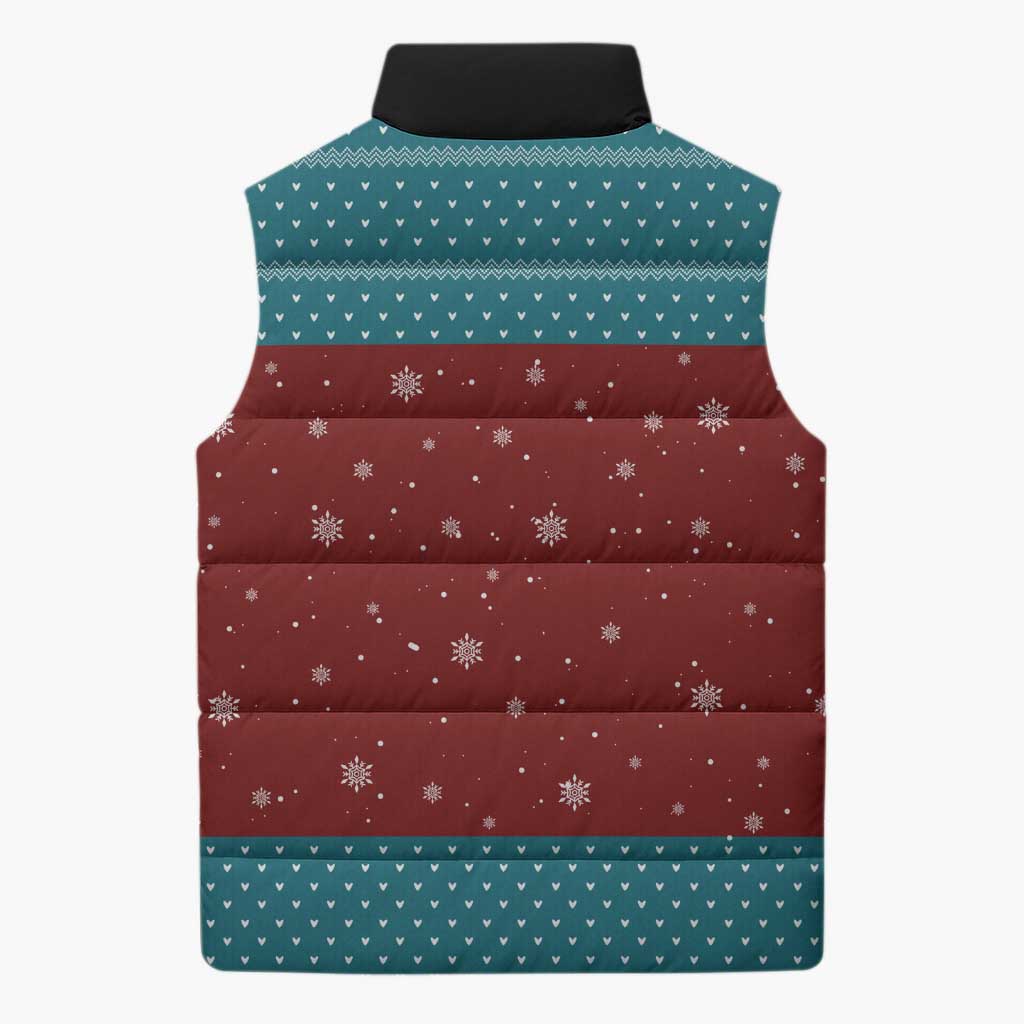 Christmas Guitar Sleeveless Puffer Jacket with Santa Hats Trees Snowflakes and Musical Pattern - Wonder Print Shop