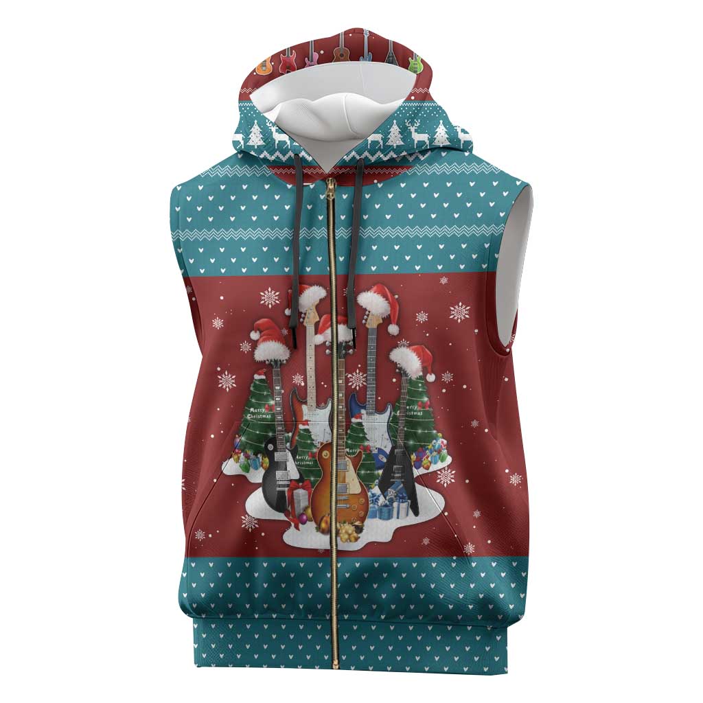 Christmas Guitar Sleeveless Zip Hoodie with Santa Hats Trees Snowflakes and Musical Pattern - Wonder Print Shop