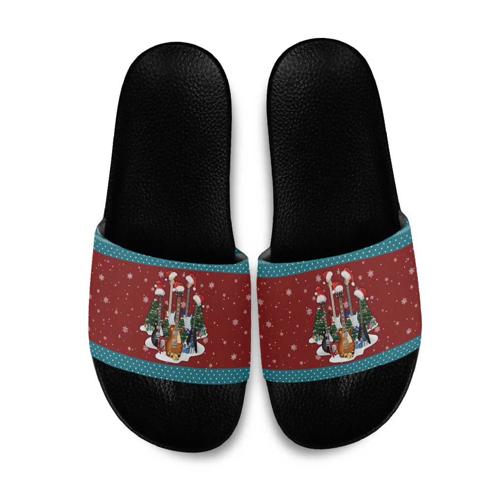 Christmas Guitar Slide Sandals with Santa Hats Trees Snowflakes and Musical Pattern - Wonder Print Shop