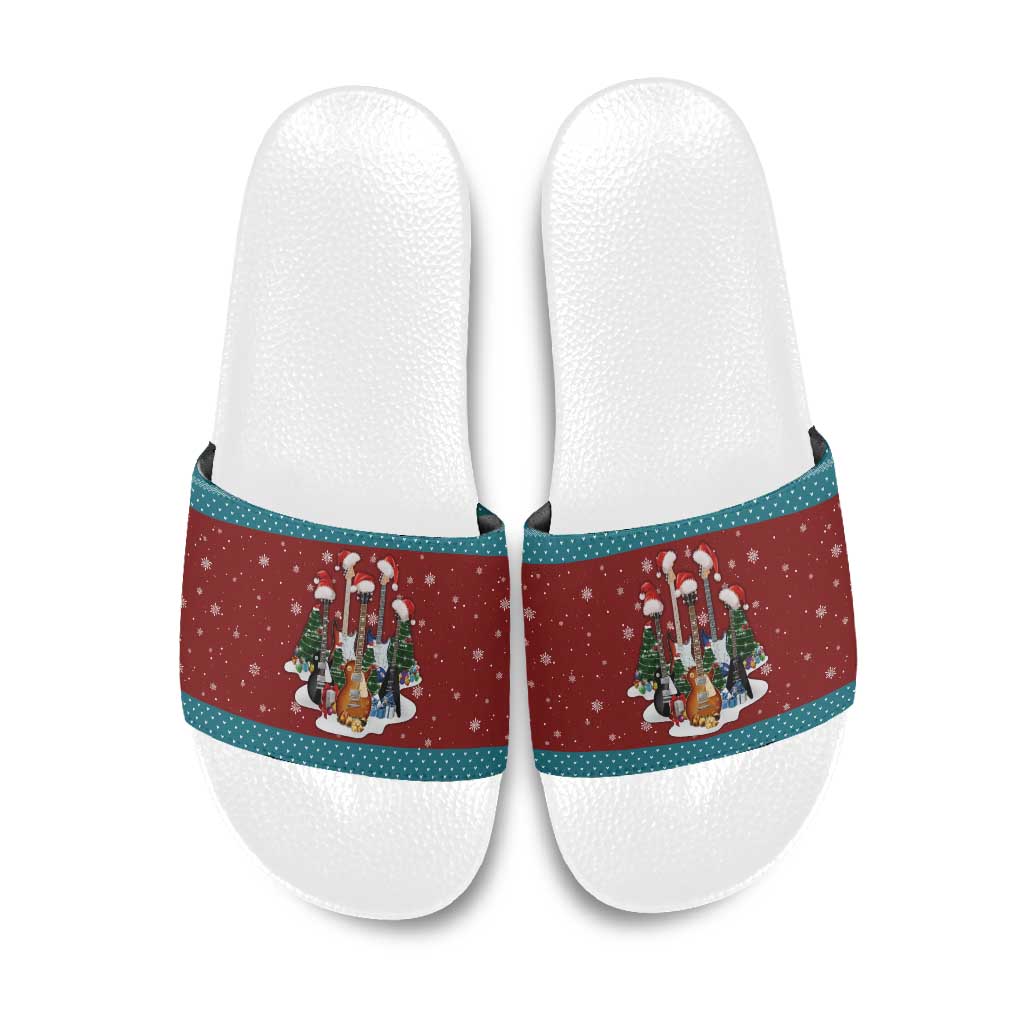Christmas Guitar Slide Sandals with Santa Hats Trees Snowflakes and Musical Pattern - Wonder Print Shop