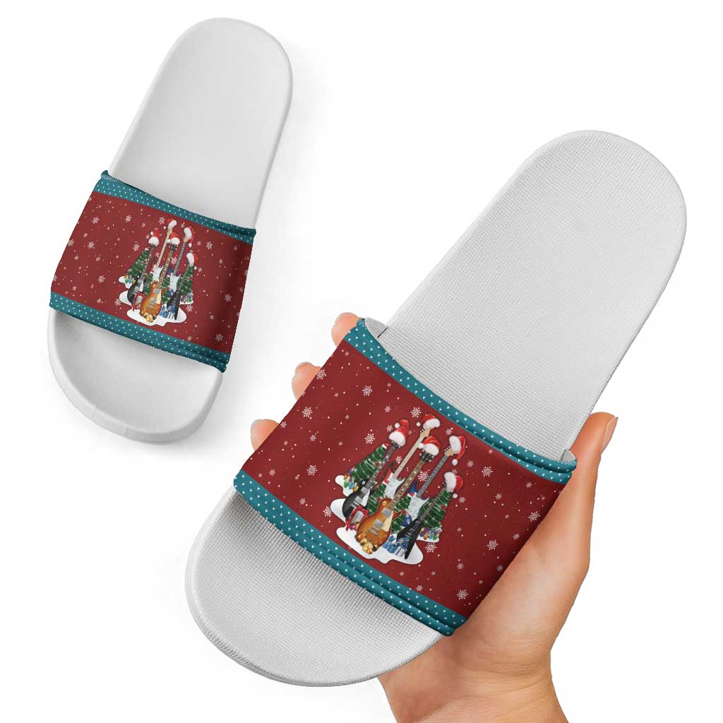Christmas Guitar Slide Sandals with Santa Hats Trees Snowflakes and Musical Pattern - Wonder Print Shop