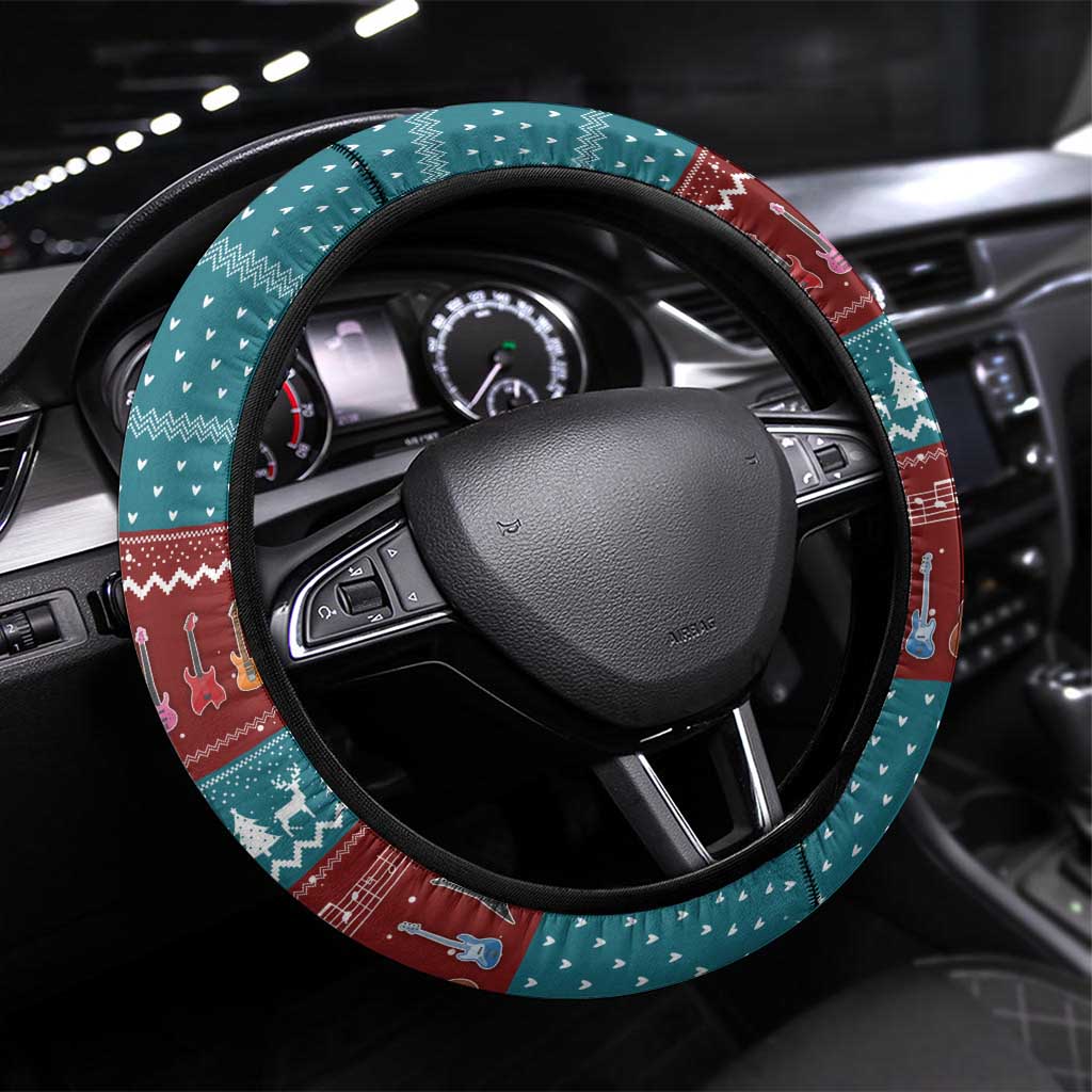 Christmas Guitar Steering Wheel Cover with Santa Hats Trees Snowflakes and Musical Pattern - Wonder Print Shop