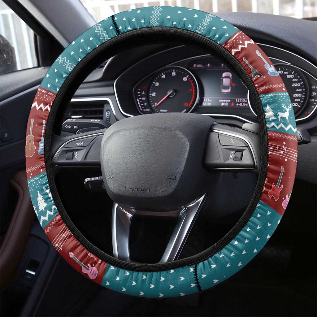 Christmas Guitar Steering Wheel Cover with Santa Hats Trees Snowflakes and Musical Pattern - Wonder Print Shop