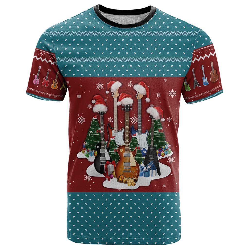 Christmas Guitar T Shirt with Santa Hats Trees Snowflakes and Musical Pattern - Wonder Print Shop