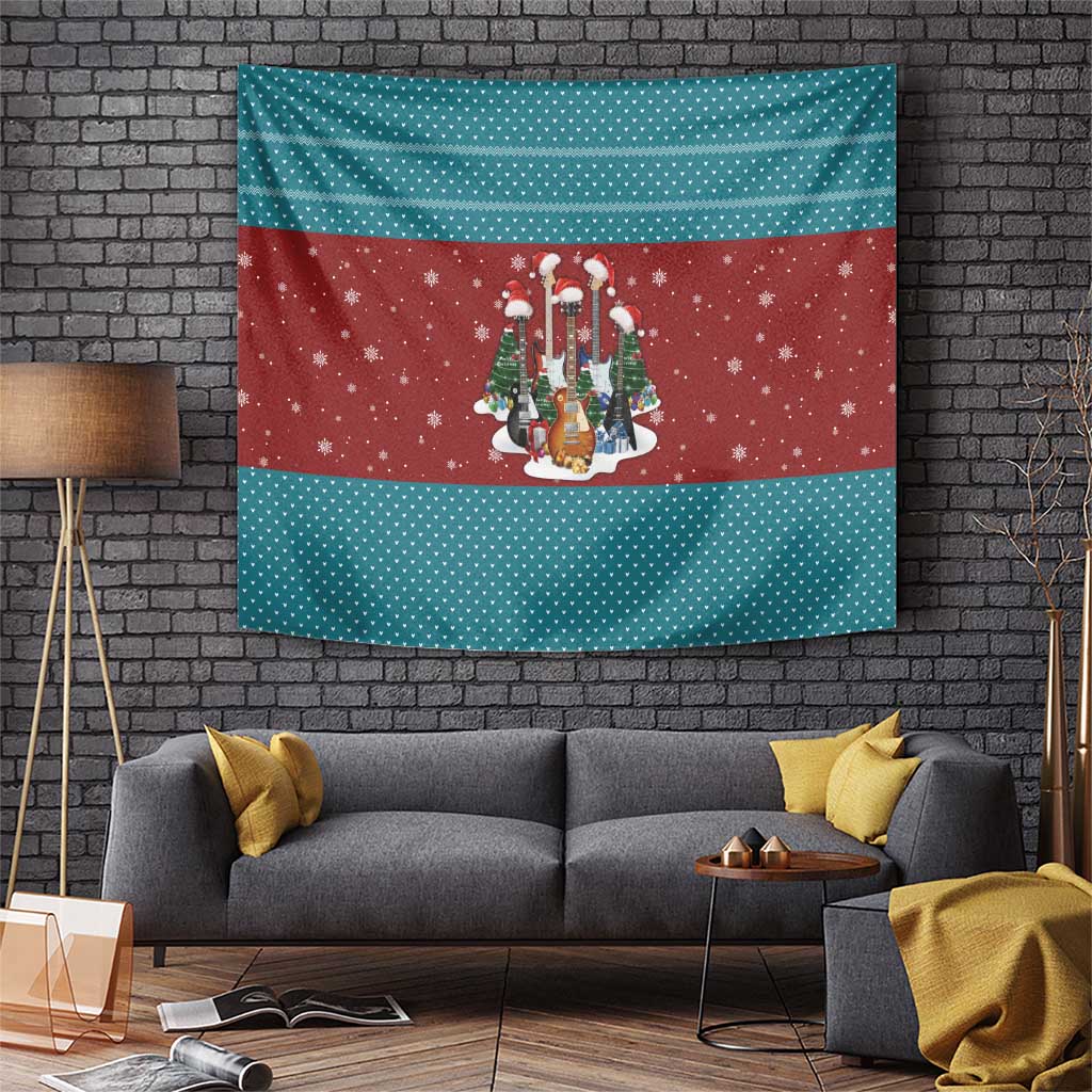 Christmas Guitar Tapestry with Santa Hats Trees Snowflakes and Musical Pattern - Wonder Print Shop