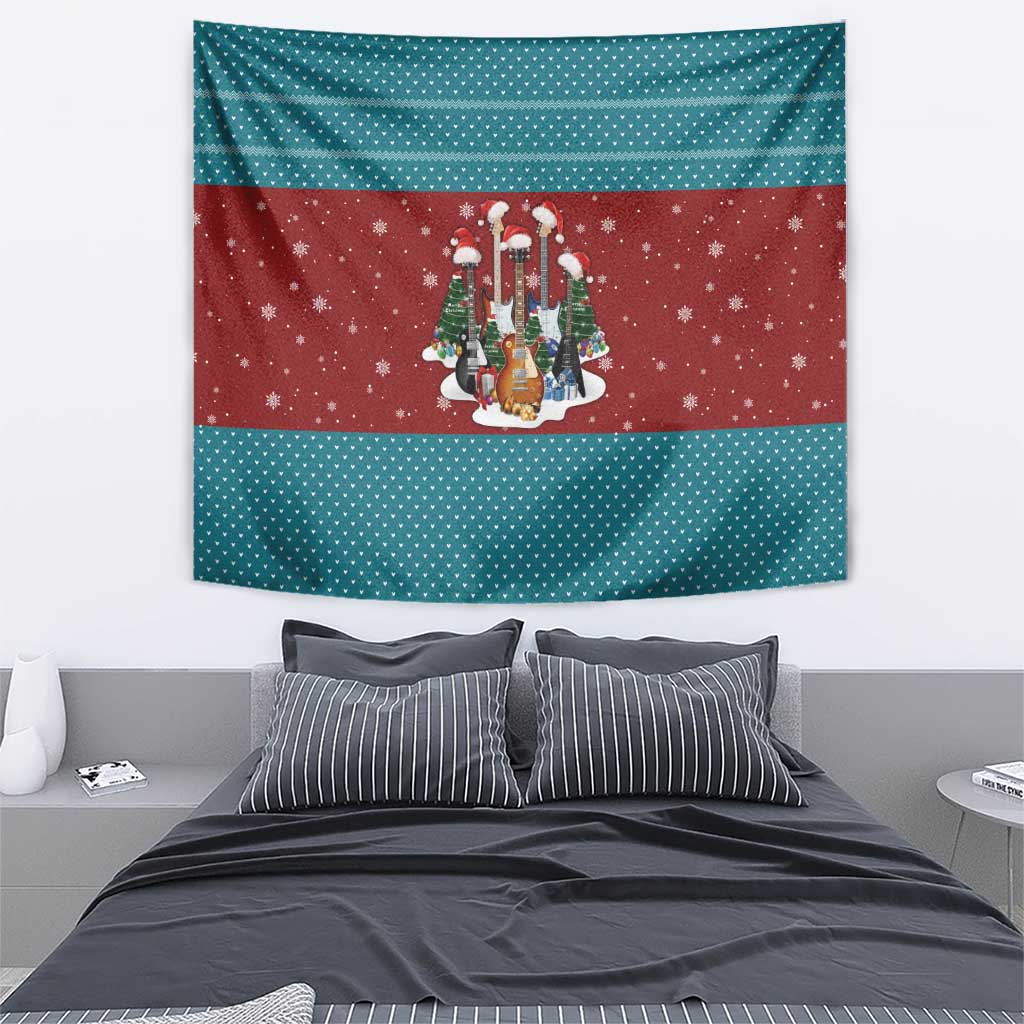 Christmas Guitar Tapestry with Santa Hats Trees Snowflakes and Musical Pattern - Wonder Print Shop