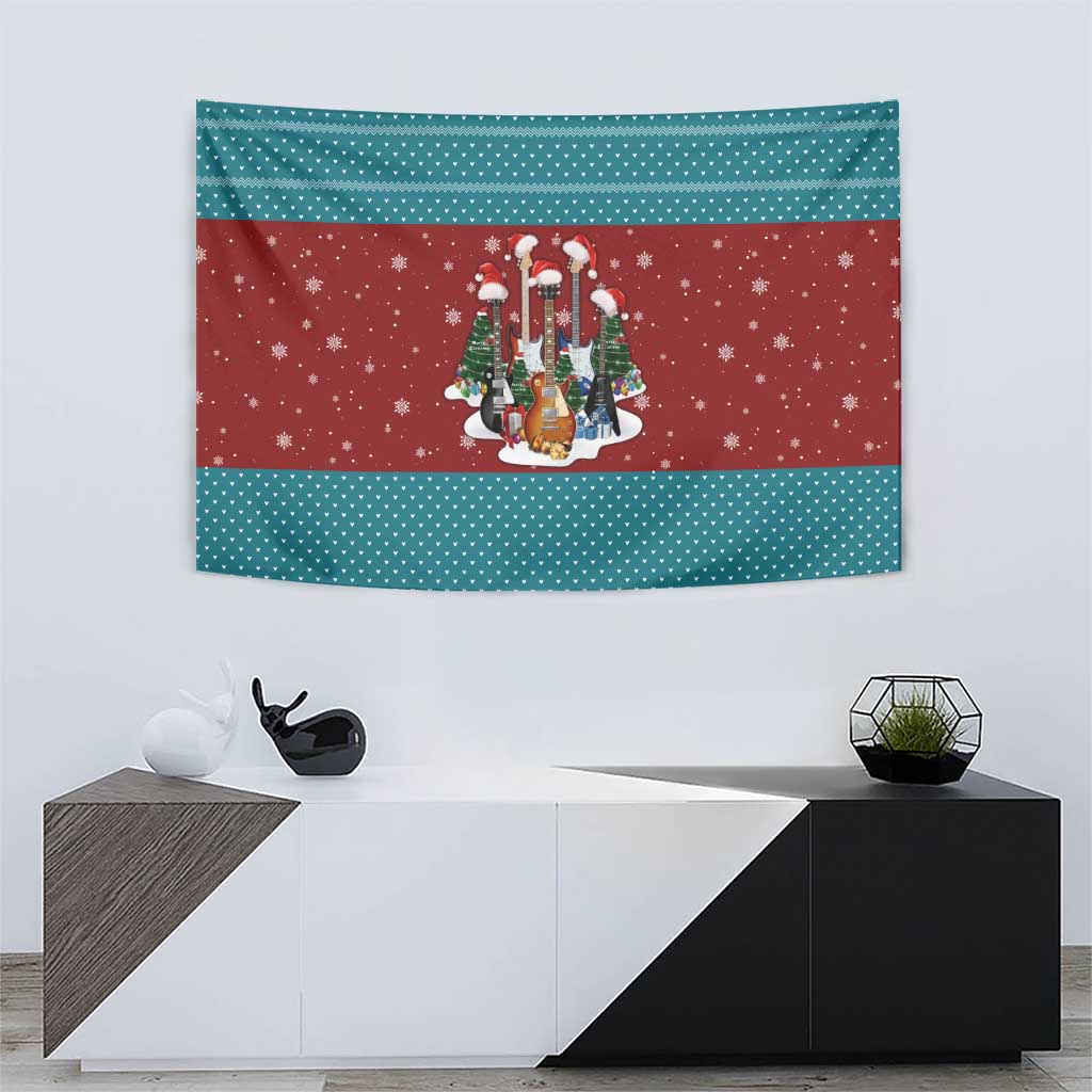 Christmas Guitar Tapestry with Santa Hats Trees Snowflakes and Musical Pattern - Wonder Print Shop