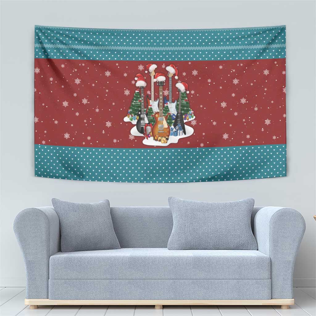 Christmas Guitar Tapestry with Santa Hats Trees Snowflakes and Musical Pattern - Wonder Print Shop