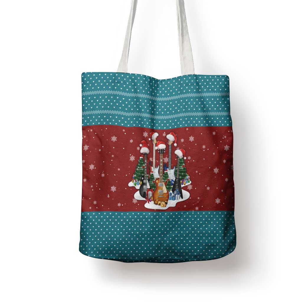 Christmas Guitar Tote Bag with Santa Hats Trees Snowflakes and Musical Pattern - Wonder Print Shop