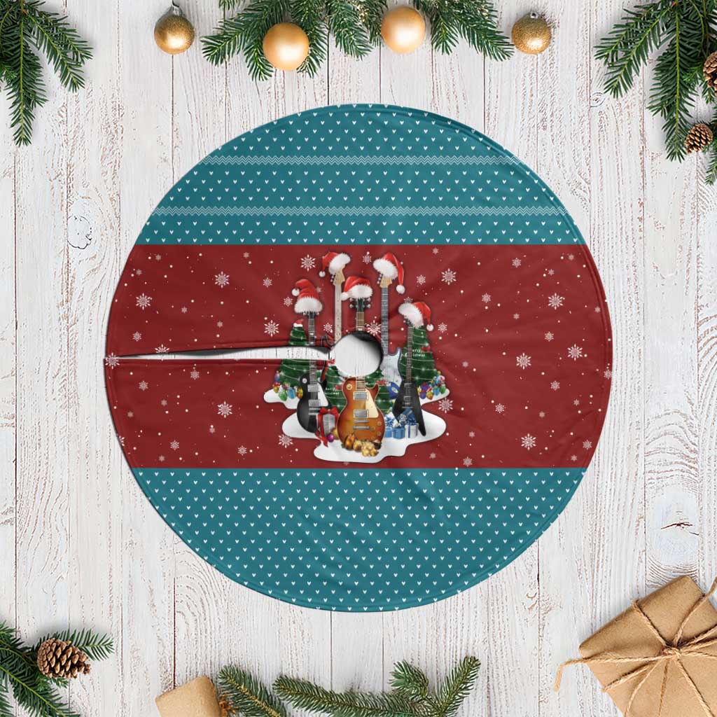 Christmas Guitar Tree Skirt with Santa Hats Trees Snowflakes and Musical Pattern - Wonder Print Shop