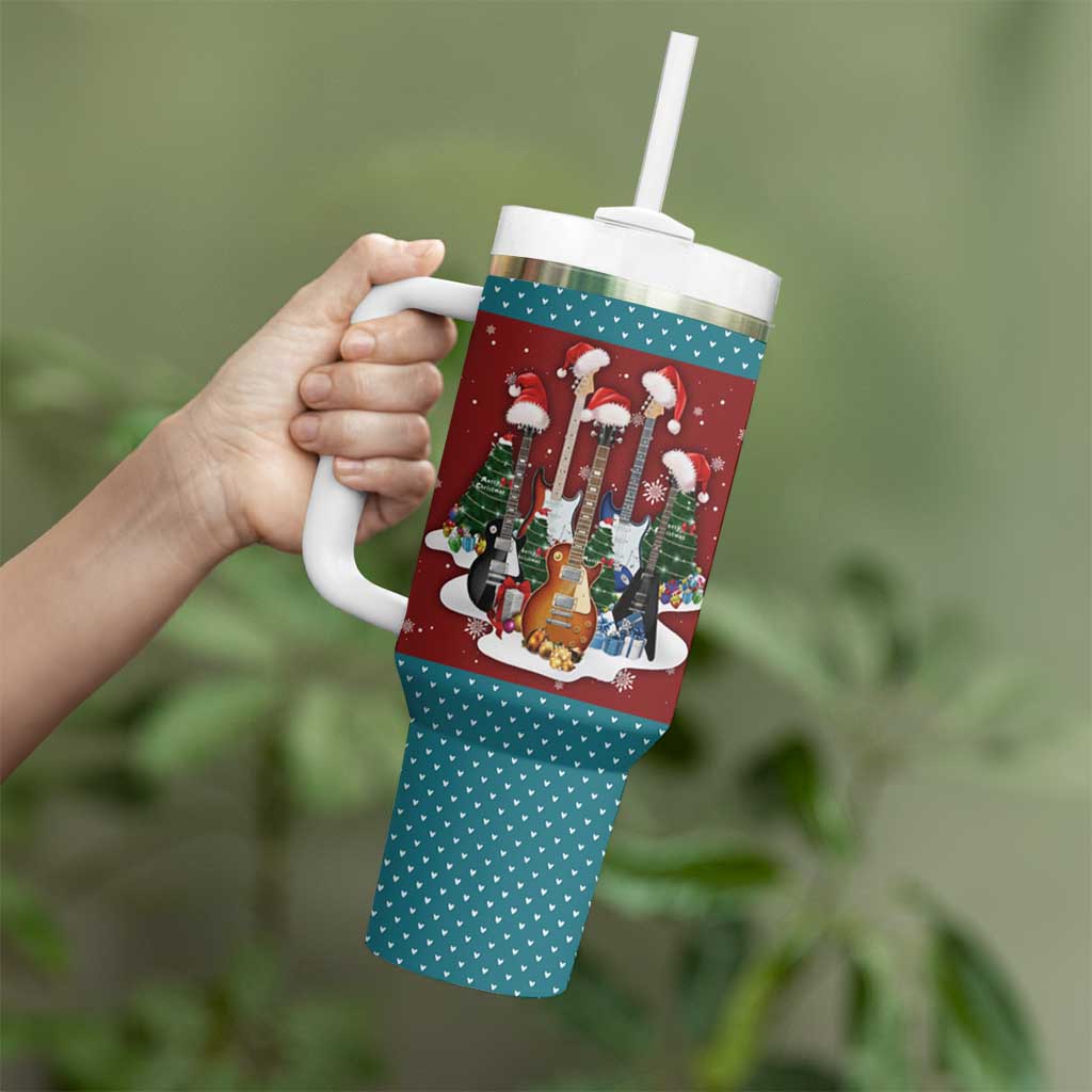 Christmas Guitar Tumbler With Handle with Santa Hats Trees Snowflakes and Musical Pattern - Wonder Print Shop