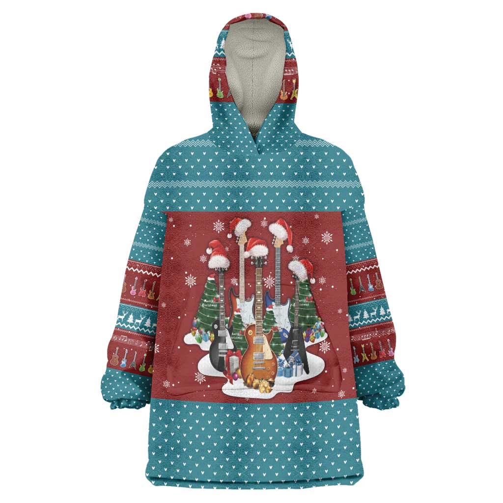 Christmas Guitar Wearable Blanket Hoodie with Santa Hats Trees Snowflakes and Musical Pattern - Wonder Print Shop