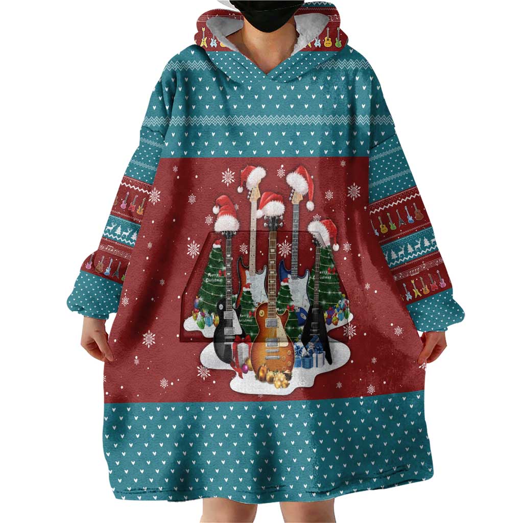 Christmas Guitar Wearable Blanket Hoodie with Santa Hats Trees Snowflakes and Musical Pattern - Wonder Print Shop