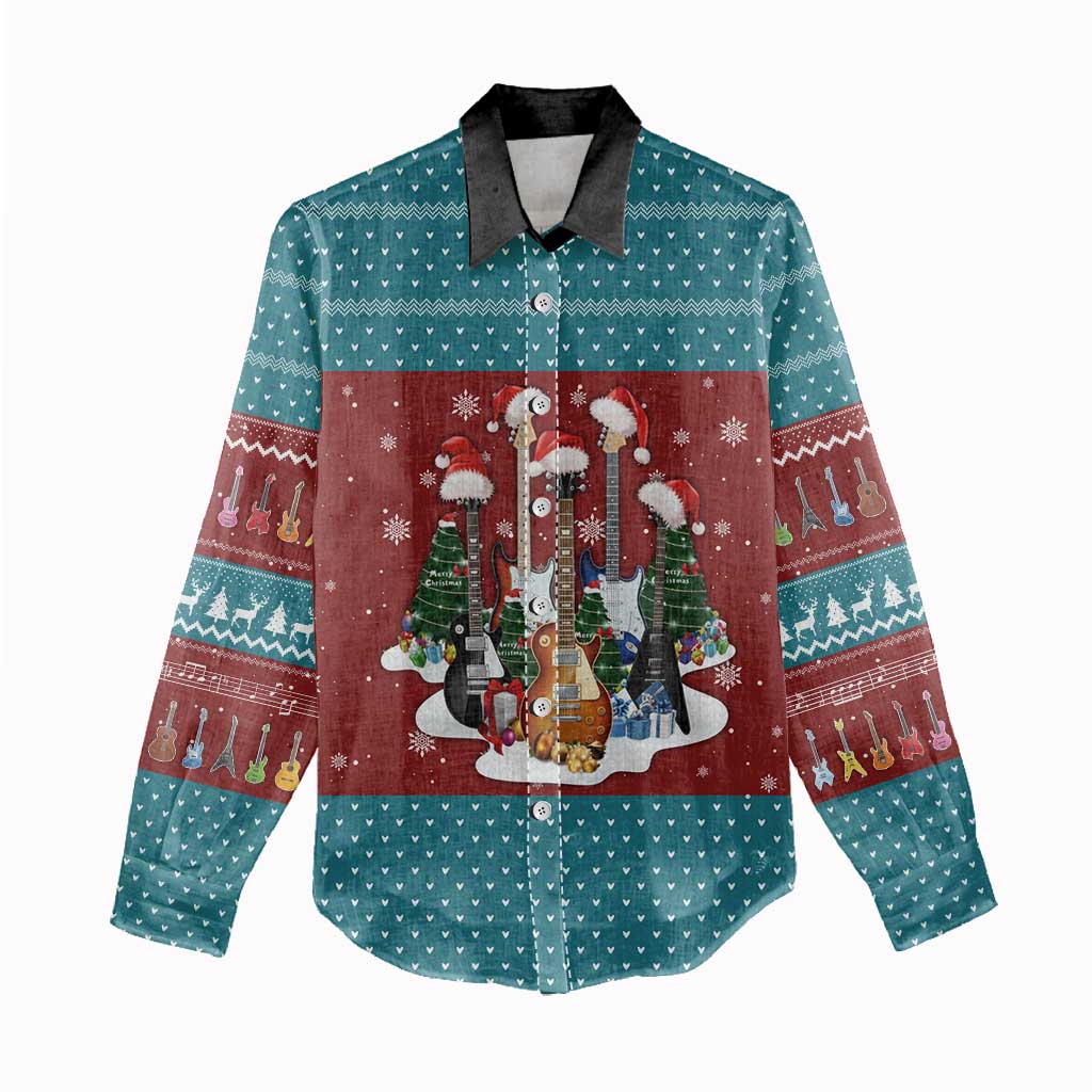 Christmas Guitar Women Casual Shirt with Santa Hats Trees Snowflakes and Musical Pattern - Wonder Print Shop