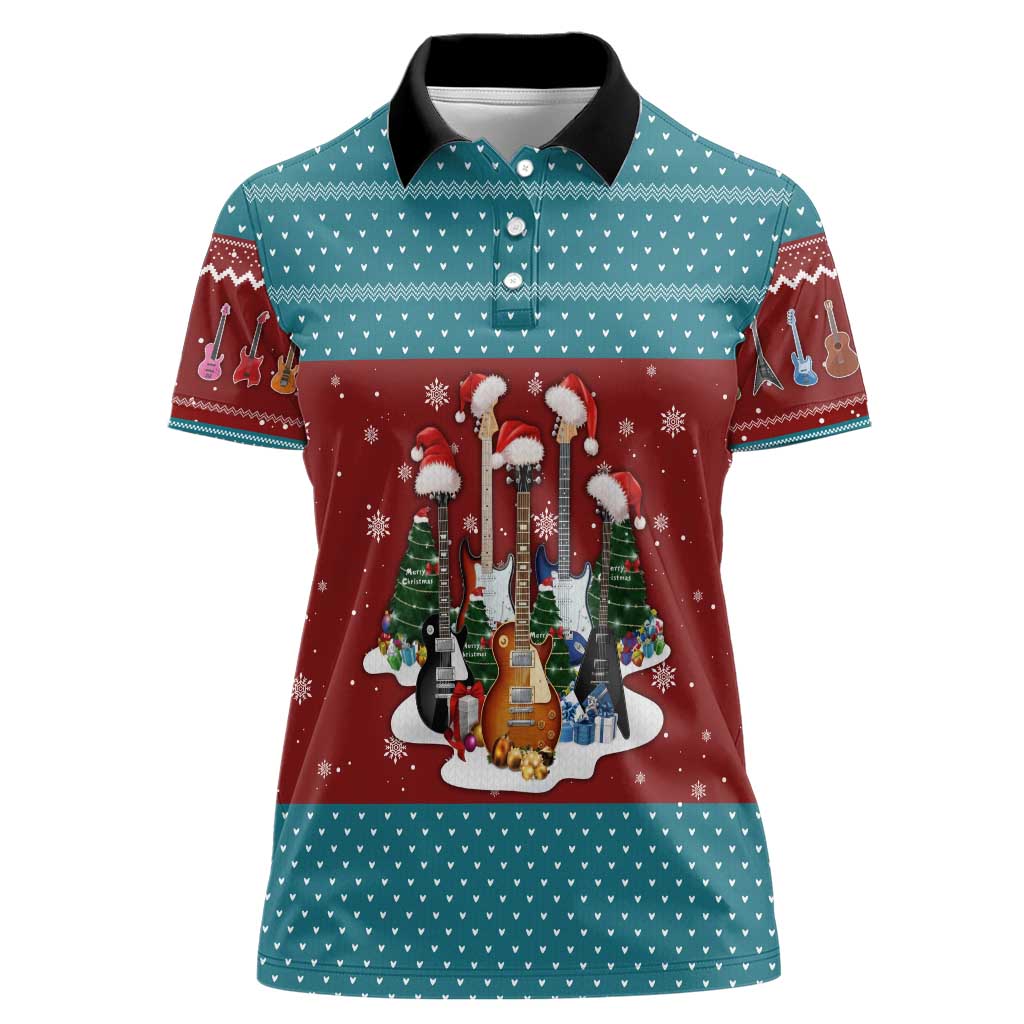 Christmas Guitar Women Polo Shirt with Santa Hats Trees Snowflakes and Musical Pattern - Wonder Print Shop