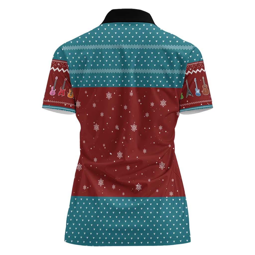 Christmas Guitar Women Polo Shirt with Santa Hats Trees Snowflakes and Musical Pattern - Wonder Print Shop
