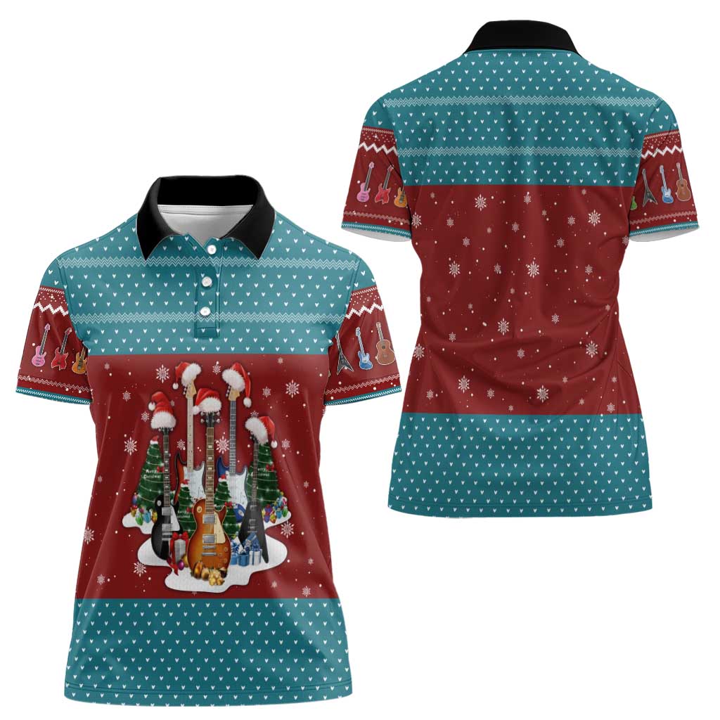 Christmas Guitar Women Polo Shirt with Santa Hats Trees Snowflakes and Musical Pattern - Wonder Print Shop