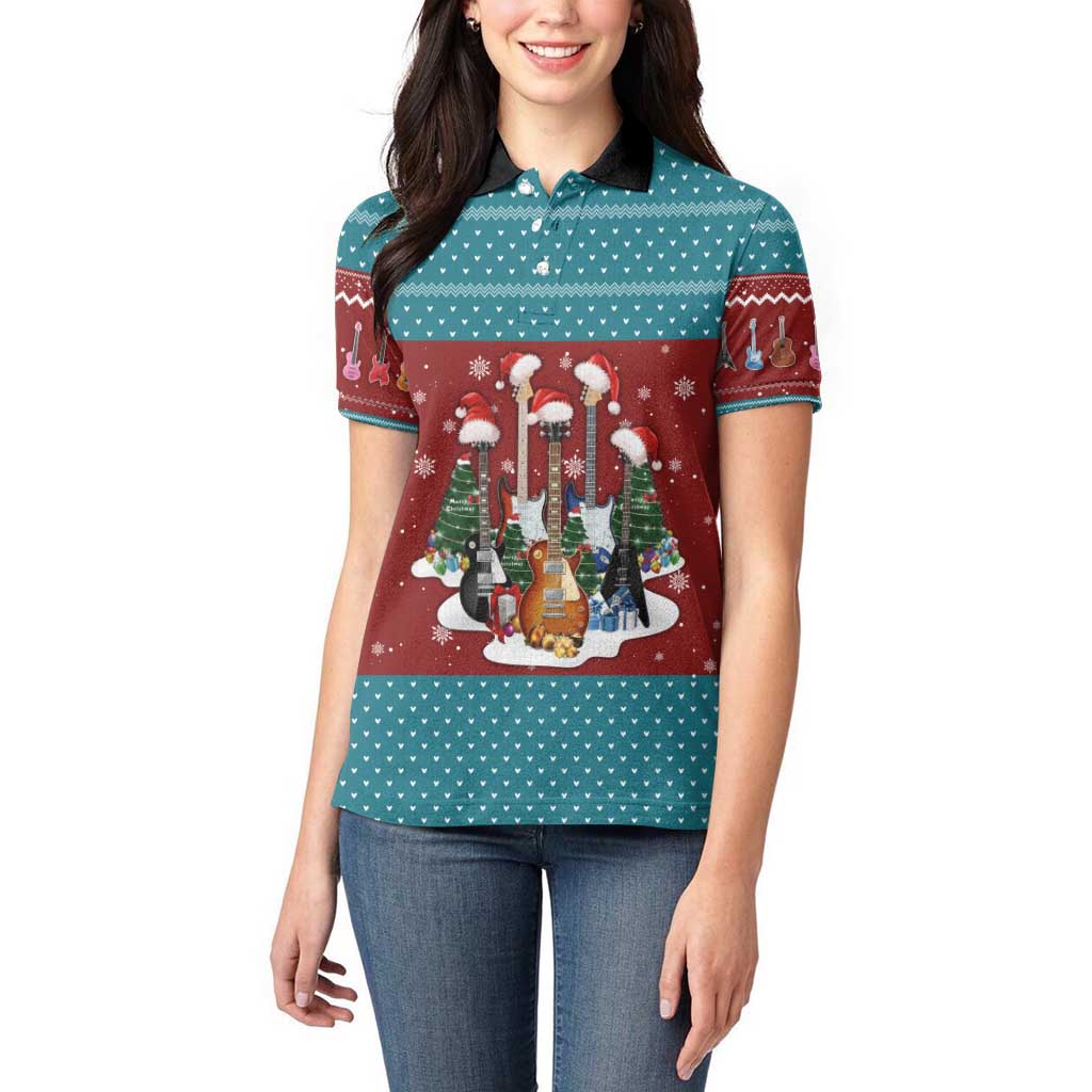 Christmas Guitar Women Polo Shirt with Santa Hats Trees Snowflakes and Musical Pattern - Wonder Print Shop