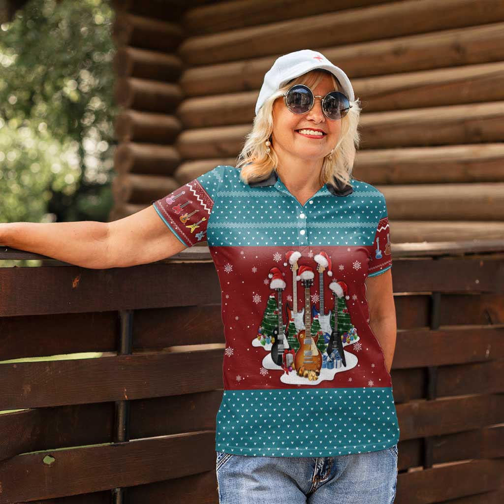Christmas Guitar Women Polo Shirt with Santa Hats Trees Snowflakes and Musical Pattern - Wonder Print Shop