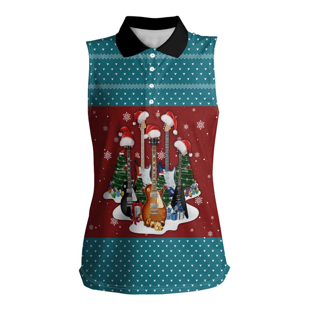 Christmas Guitar Women Sleeveless Polo Shirt with Santa Hats Trees Snowflakes and Musical Pattern - Wonder Print Shop
