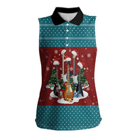 Christmas Guitar Women Sleeveless Polo Shirt with Santa Hats Trees Snowflakes and Musical Pattern - Wonder Print Shop