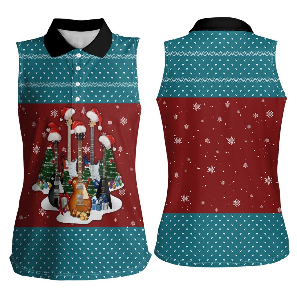 Christmas Guitar Women Sleeveless Polo Shirt with Santa Hats Trees Snowflakes and Musical Pattern - Wonder Print Shop
