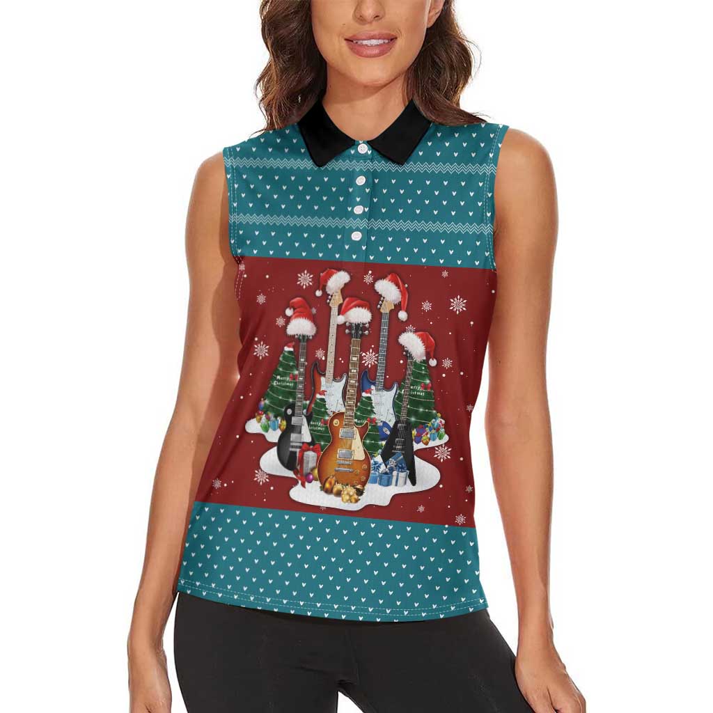 Christmas Guitar Women Sleeveless Polo Shirt with Santa Hats Trees Snowflakes and Musical Pattern - Wonder Print Shop