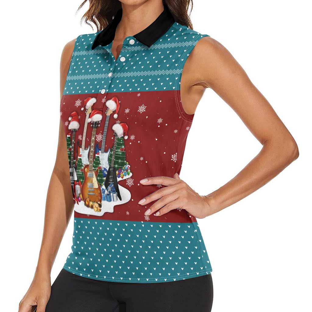 Christmas Guitar Women Sleeveless Polo Shirt with Santa Hats Trees Snowflakes and Musical Pattern - Wonder Print Shop