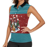 Christmas Guitar Women Sleeveless Polo Shirt with Santa Hats Trees Snowflakes and Musical Pattern - Wonder Print Shop
