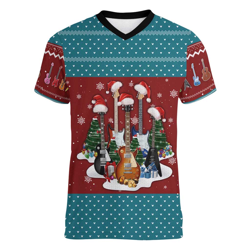 Christmas Guitar Women V-Neck T-Shirt with Santa Hats Trees Snowflakes and Musical Pattern - Wonder Print Shop